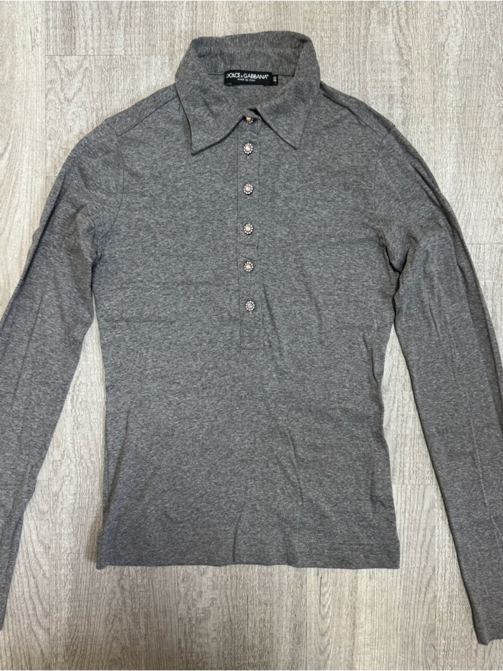 Vintage Dolce & Gabbana Gray Polo Top Beaded Buttons Long Sleeve Size 40 Italy
